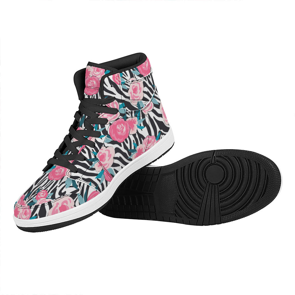 Black White Zebra Floral Pattern Print High Top Leather Sneakers