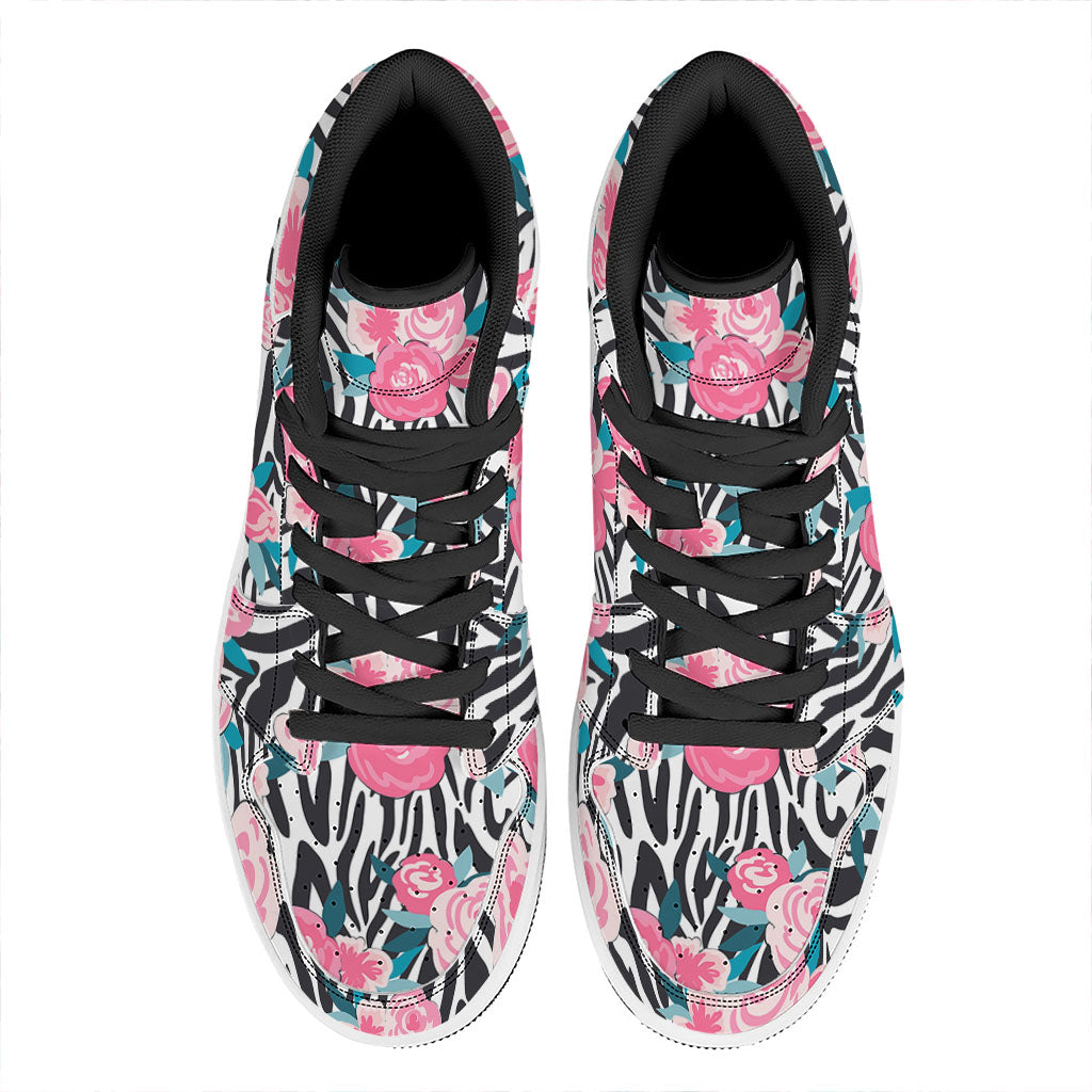 Black White Zebra Floral Pattern Print High Top Leather Sneakers