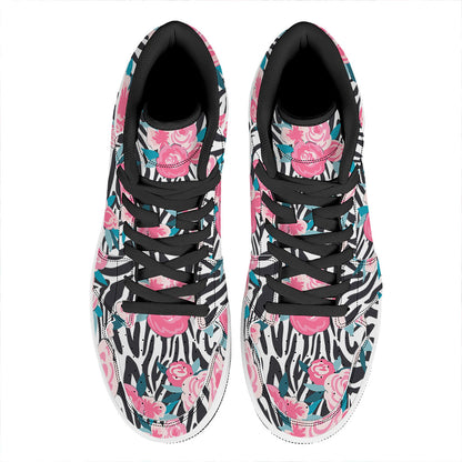 Black White Zebra Floral Pattern Print High Top Leather Sneakers