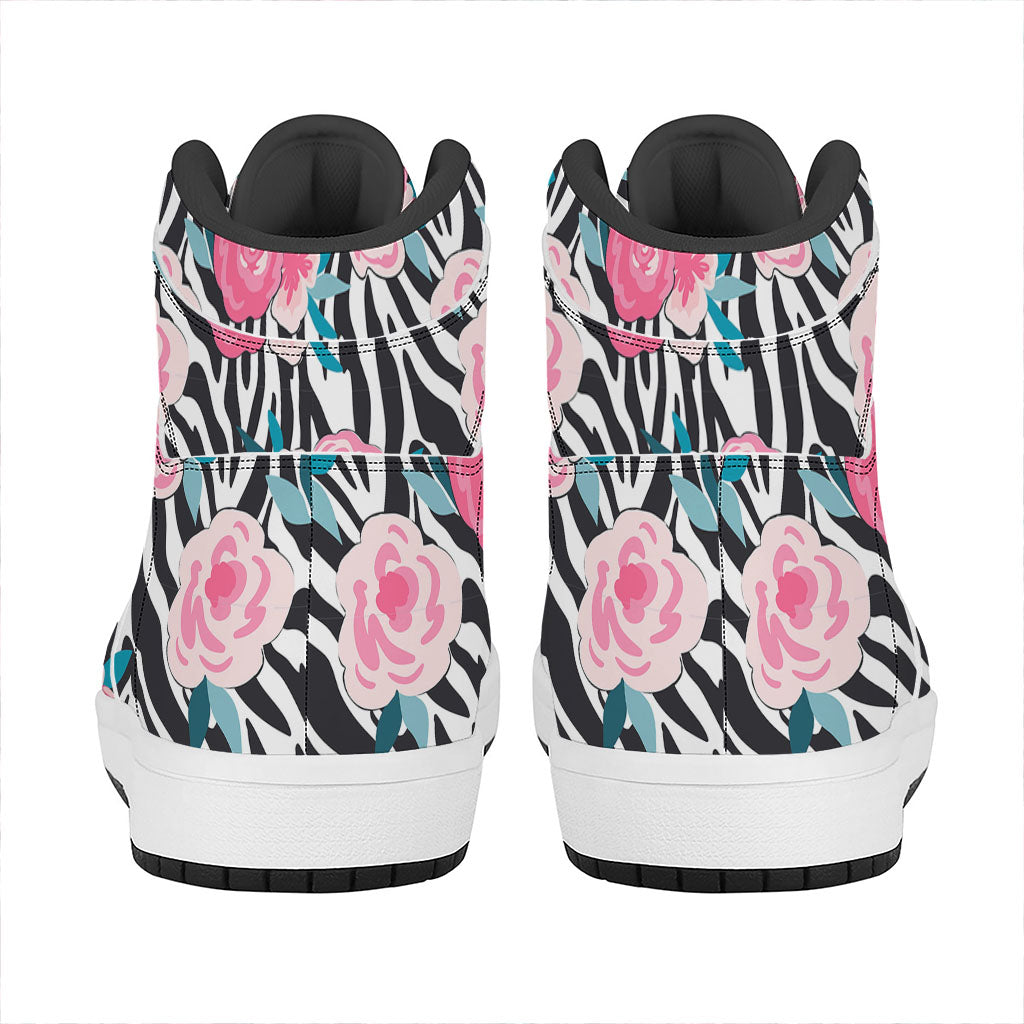 Black White Zebra Floral Pattern Print High Top Leather Sneakers