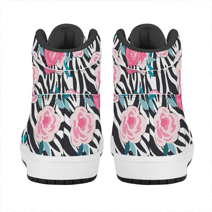 Black White Zebra Floral Pattern Print High Top Leather Sneakers