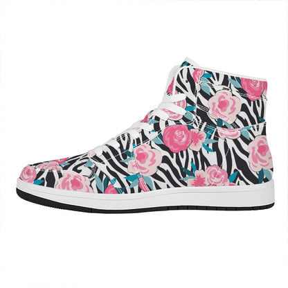 Black White Zebra Floral Pattern Print High Top Leather Sneakers