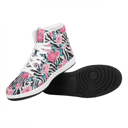 Black White Zebra Floral Pattern Print High Top Leather Sneakers