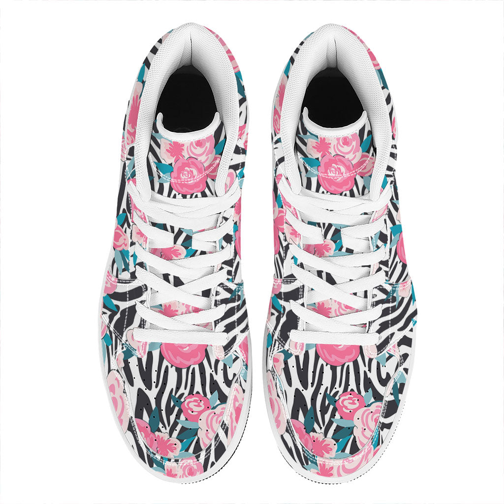 Black White Zebra Floral Pattern Print High Top Leather Sneakers