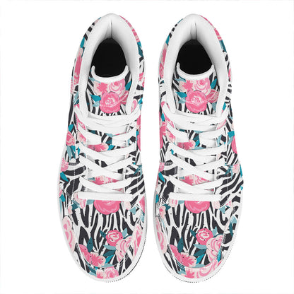 Black White Zebra Floral Pattern Print High Top Leather Sneakers