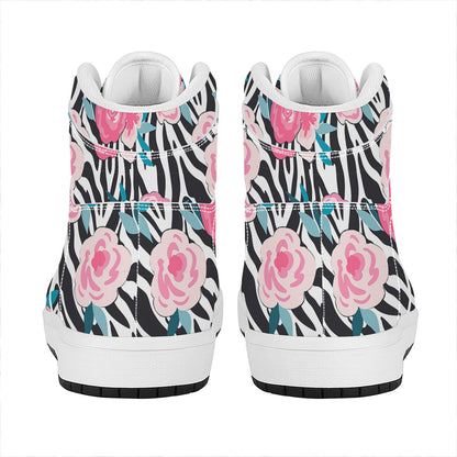 Black White Zebra Floral Pattern Print High Top Leather Sneakers