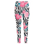 Black White Zebra Floral Pattern Print High-Waisted Pocket Leggings