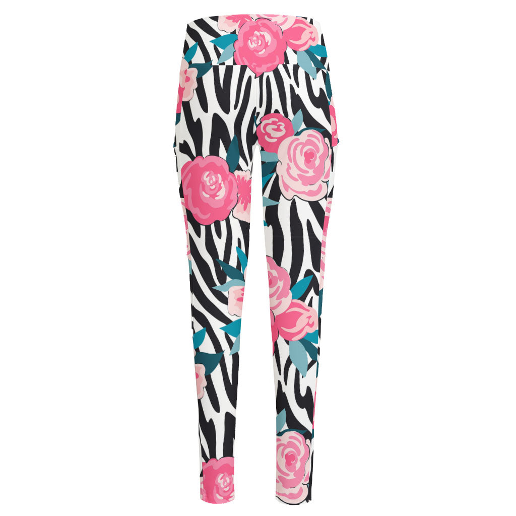 Black White Zebra Floral Pattern Print High-Waisted Pocket Leggings