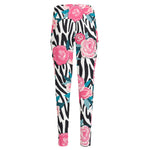 Black White Zebra Floral Pattern Print High-Waisted Pocket Leggings