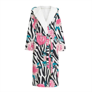 Black White Zebra Floral Pattern Print Hooded Bathrobe