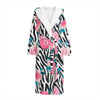 Black White Zebra Floral Pattern Print Hooded Bathrobe