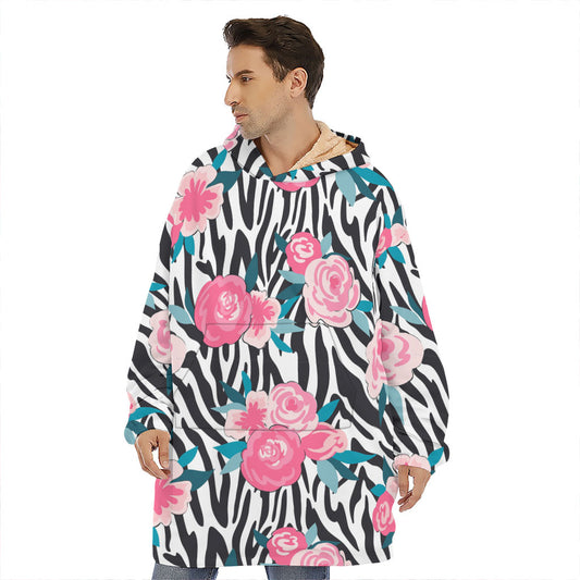 Black White Zebra Floral Pattern Print Hoodie Blanket