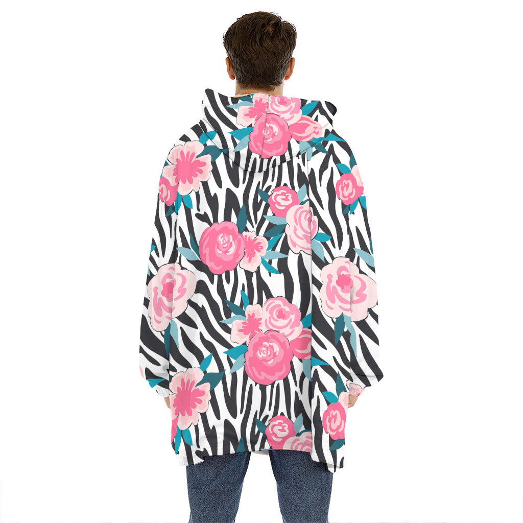 Black White Zebra Floral Pattern Print Hoodie Blanket