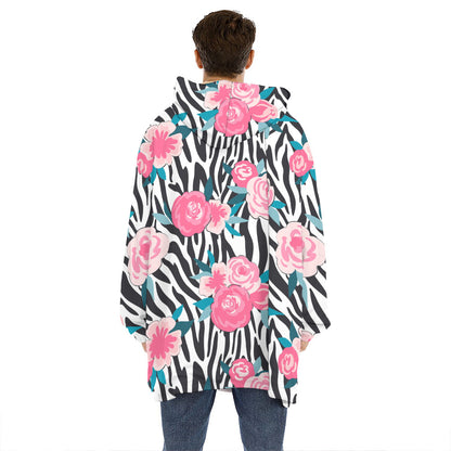 Black White Zebra Floral Pattern Print Hoodie Blanket