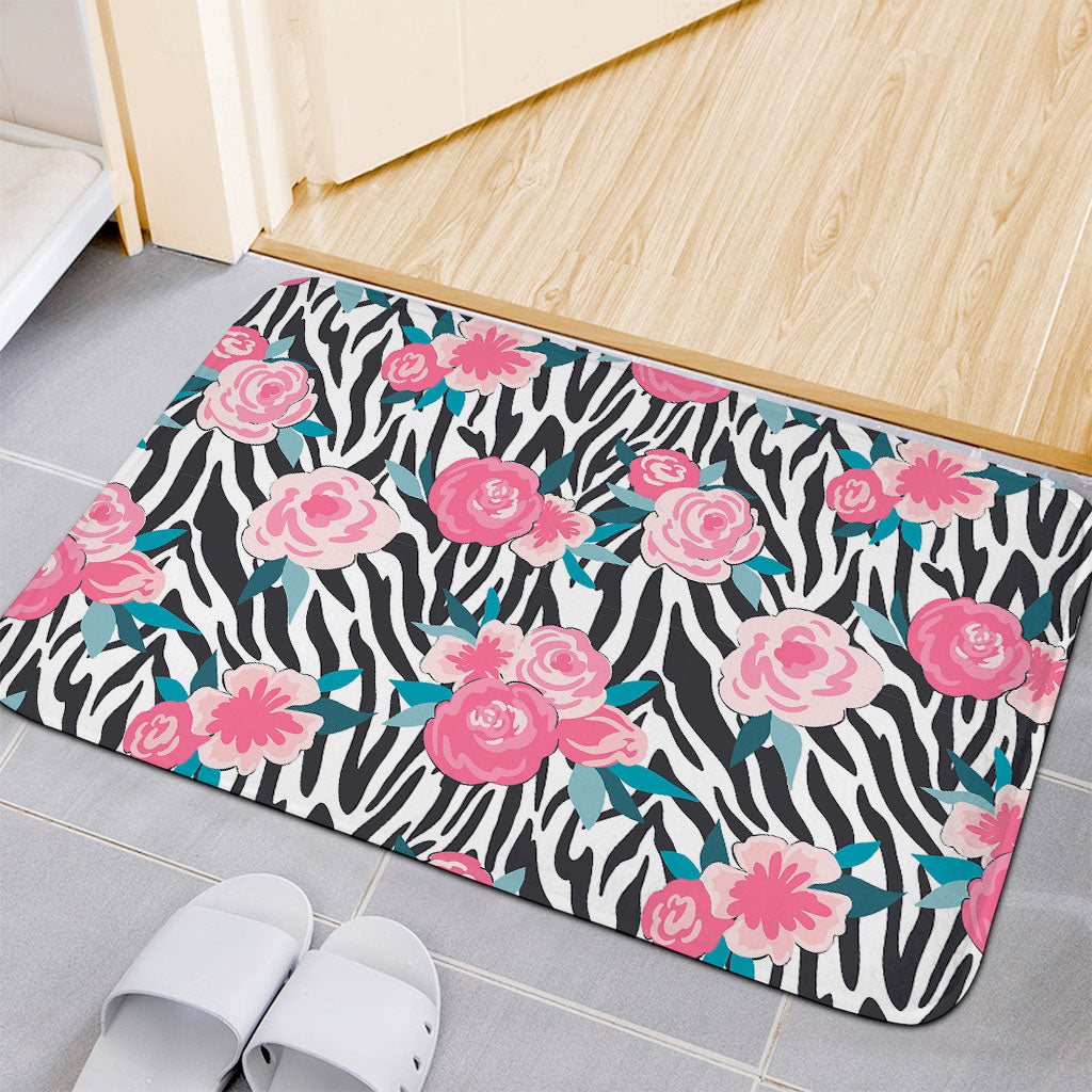 Black White Zebra Floral Pattern Print Indoor Door Mat