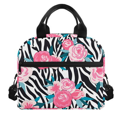 Black White Zebra Floral Pattern Print Insulated Lunch Bag