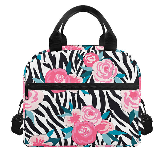 Black White Zebra Floral Pattern Print Insulated Lunch Bag