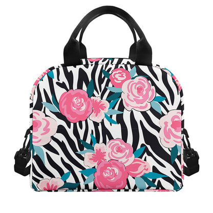 Black White Zebra Floral Pattern Print Insulated Lunch Bag