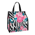 Black White Zebra Floral Pattern Print Insulated Lunch Tote