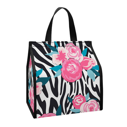 Black White Zebra Floral Pattern Print Insulated Lunch Tote