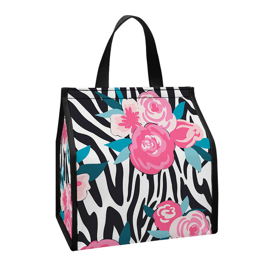 Black White Zebra Floral Pattern Print Insulated Lunch Tote