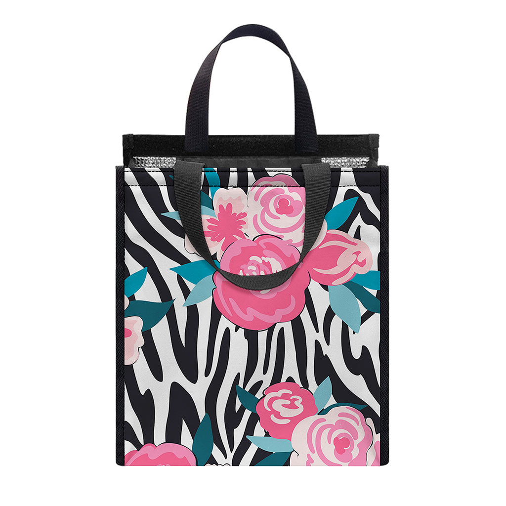Black White Zebra Floral Pattern Print Insulated Lunch Tote