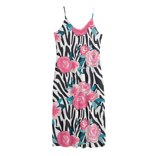 Black White Zebra Floral Pattern Print Jersey Midi Cami Dress