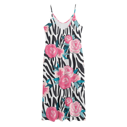 Black White Zebra Floral Pattern Print Jersey Midi Cami Dress