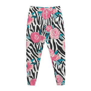 Black White Zebra Floral Pattern Print Jogger Pants