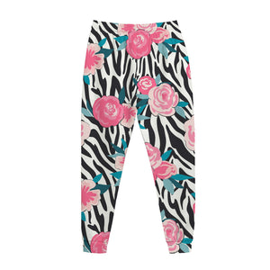 Black White Zebra Floral Pattern Print Jogger Pants