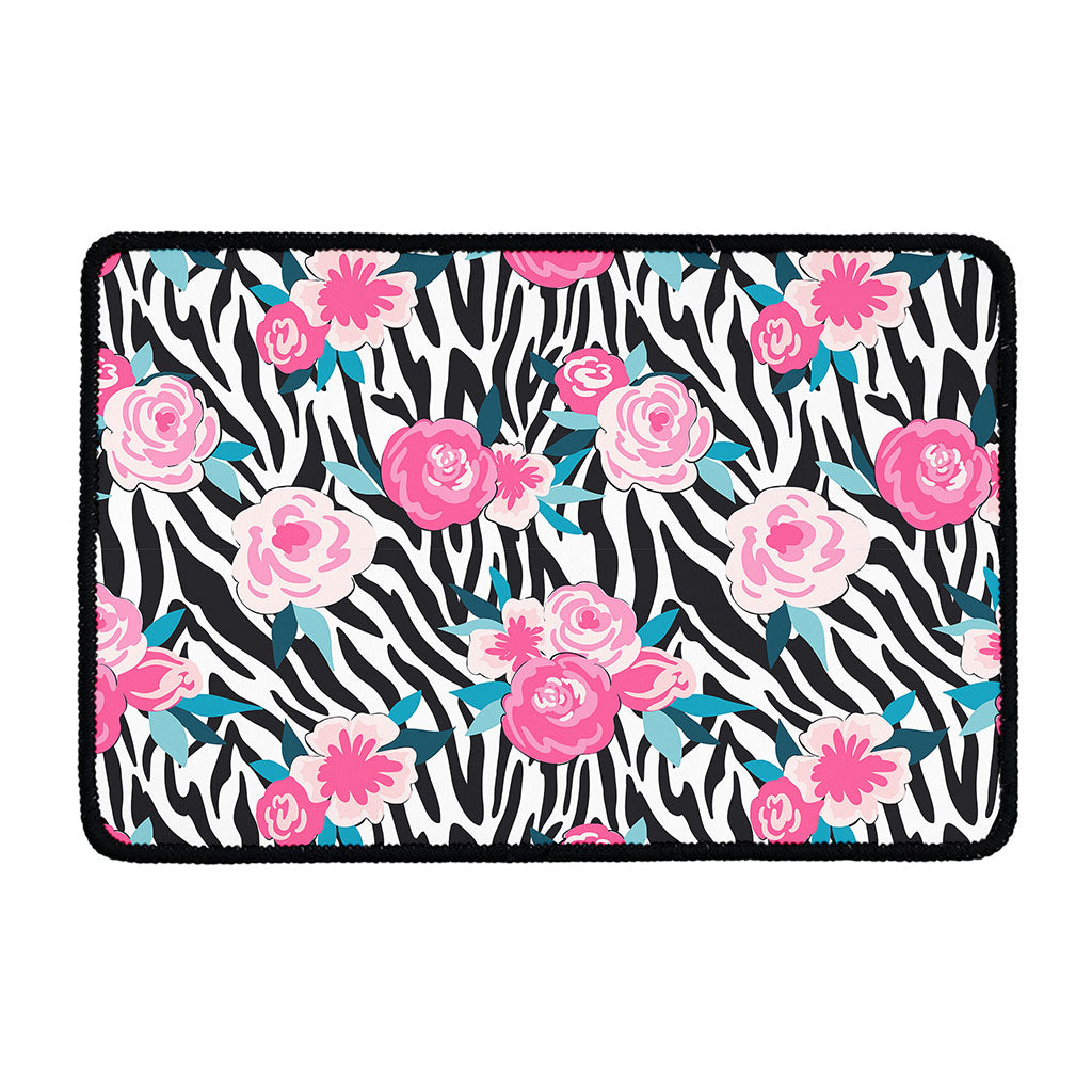 Black White Zebra Floral Pattern Print Kitchen Mat