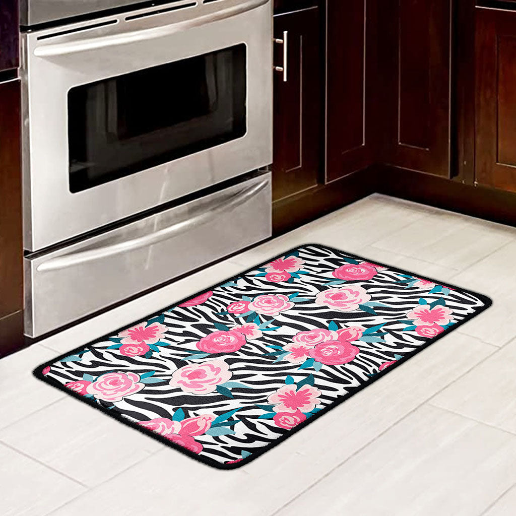 Black White Zebra Floral Pattern Print Kitchen Mat