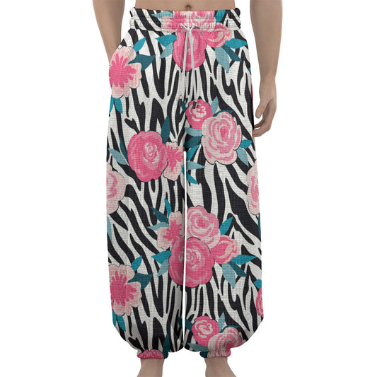 Black White Zebra Floral Pattern Print Lantern Pants