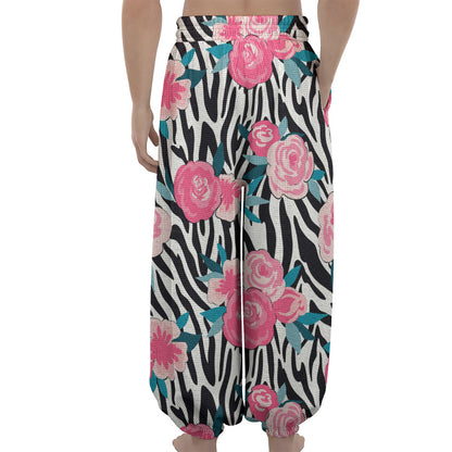 Black White Zebra Floral Pattern Print Lantern Pants