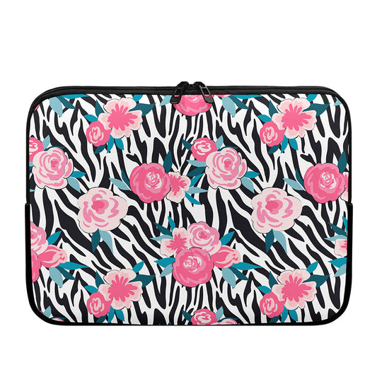 Black White Zebra Floral Pattern Print Laptop Sleeve