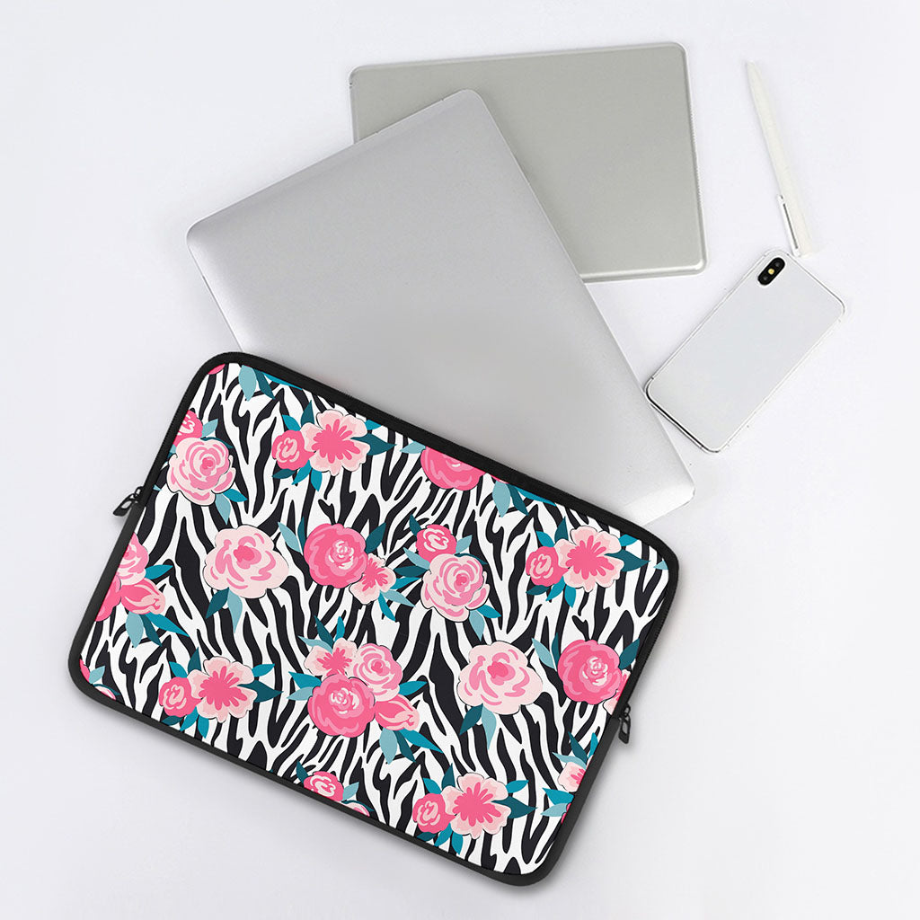 Black White Zebra Floral Pattern Print Laptop Sleeve