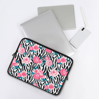 Black White Zebra Floral Pattern Print Laptop Sleeve