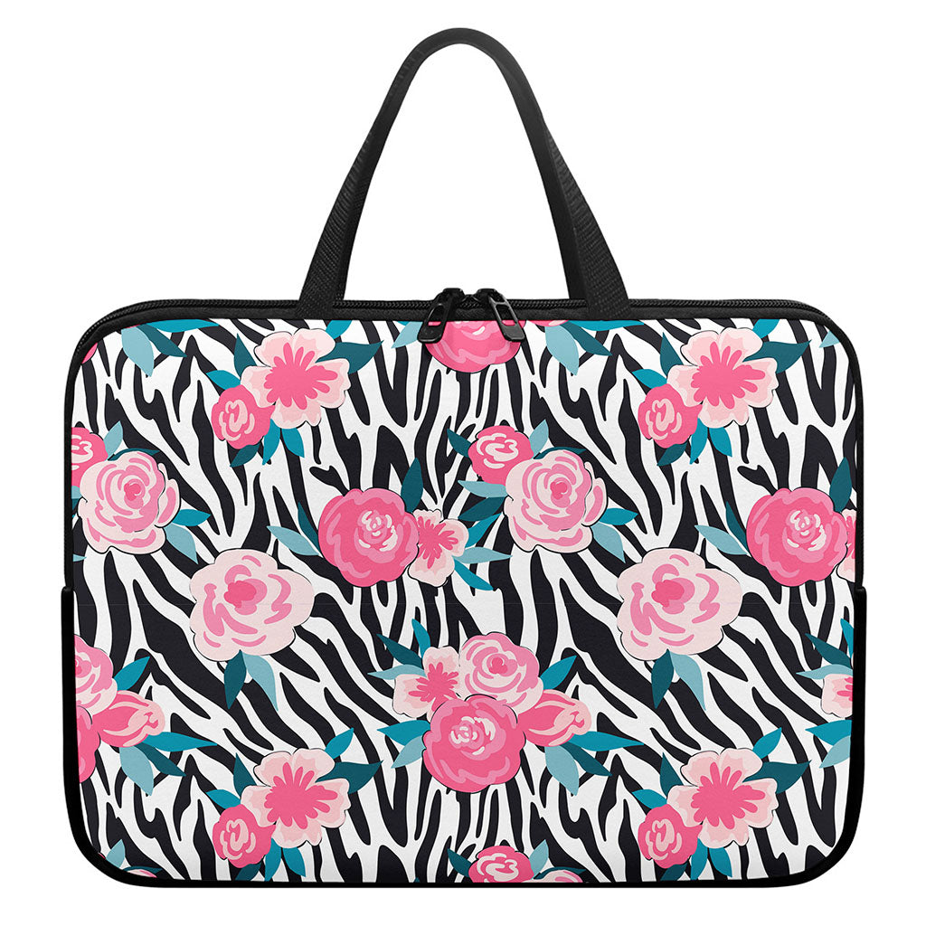 Black White Zebra Floral Pattern Print Laptop Sleeve With Handle