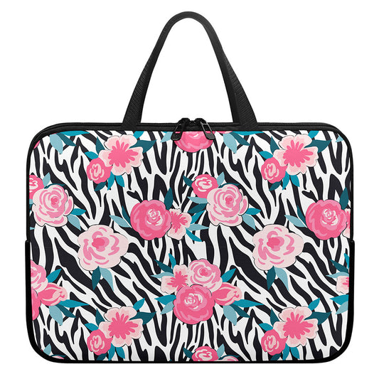 Black White Zebra Floral Pattern Print Laptop Sleeve With Handle