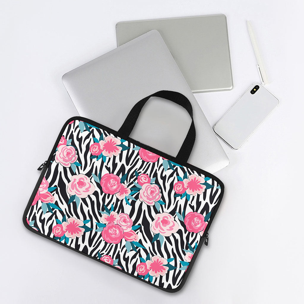 Black White Zebra Floral Pattern Print Laptop Sleeve With Handle