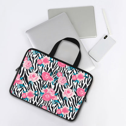 Black White Zebra Floral Pattern Print Laptop Sleeve With Handle