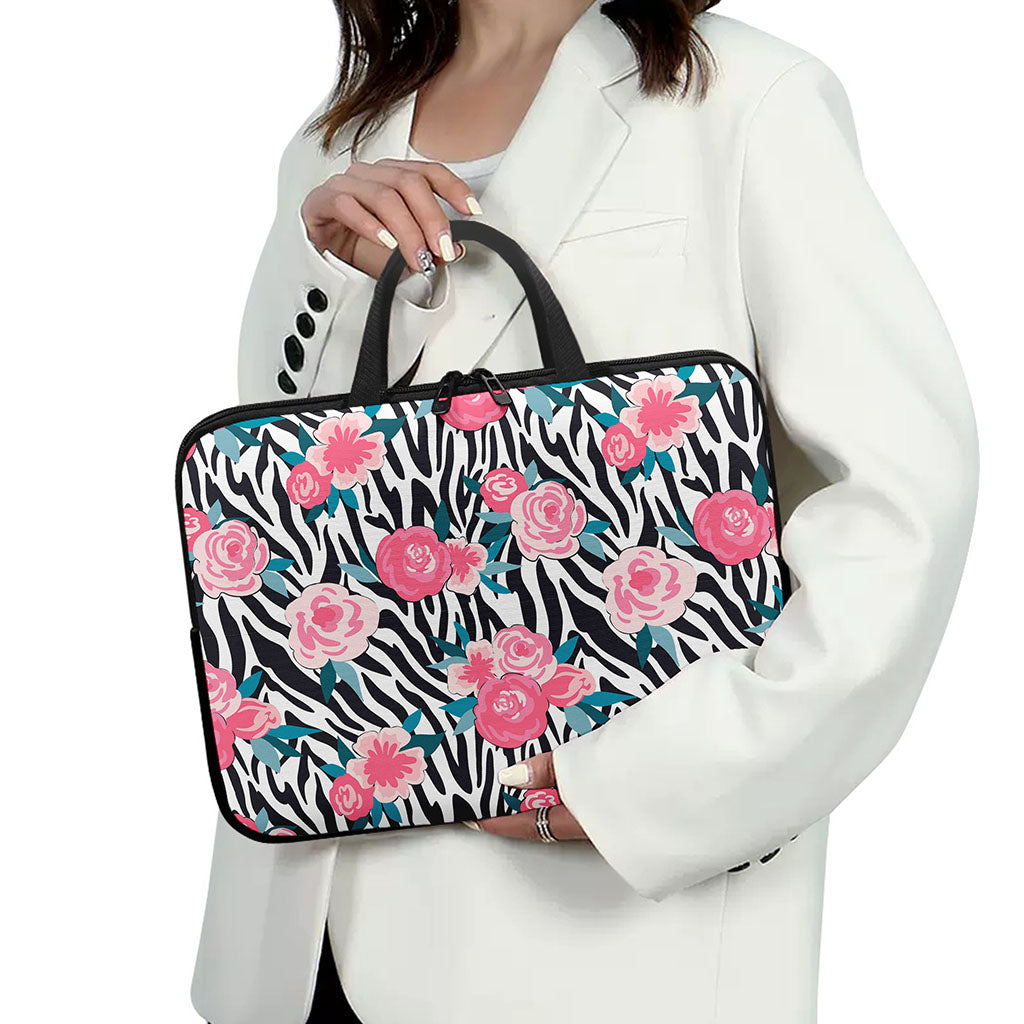 Black White Zebra Floral Pattern Print Laptop Sleeve With Handle