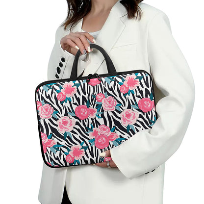 Black White Zebra Floral Pattern Print Laptop Sleeve With Handle
