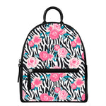 Black White Zebra Floral Pattern Print Leather Backpack
