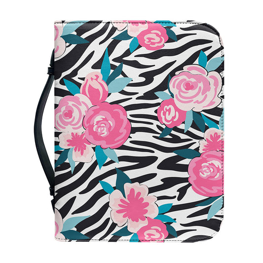 Black White Zebra Floral Pattern Print Leather Bible Cover