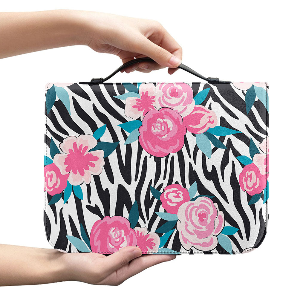 Black White Zebra Floral Pattern Print Leather Bible Cover