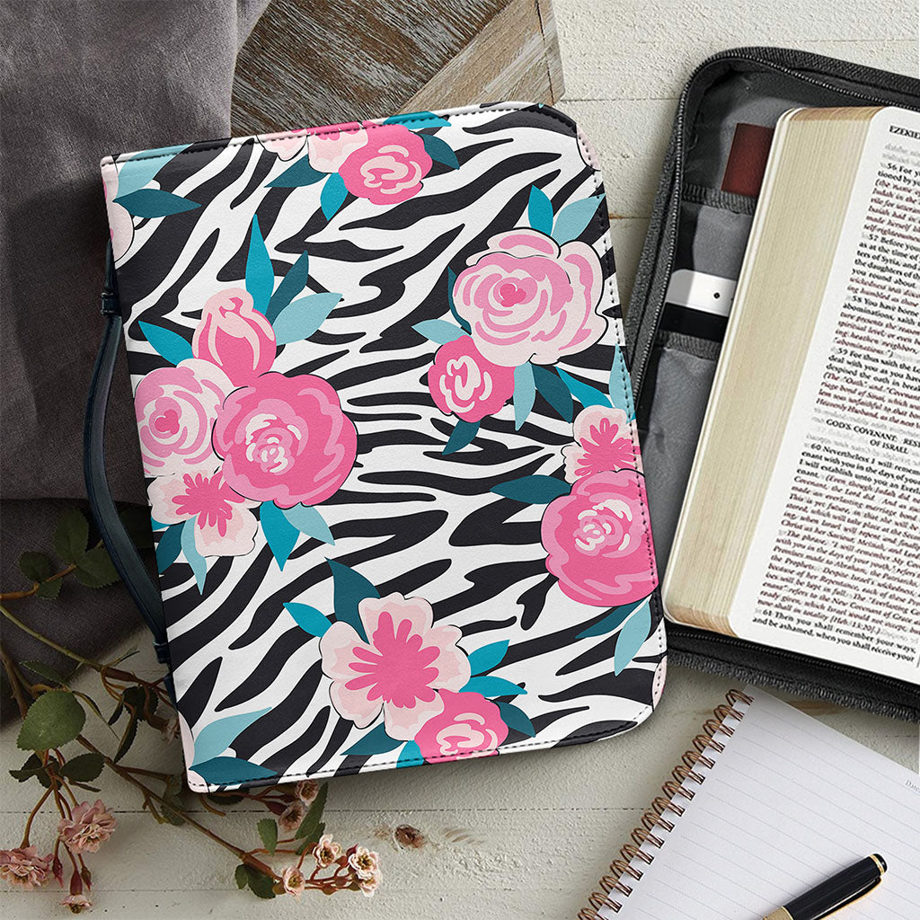 Black White Zebra Floral Pattern Print Leather Bible Cover