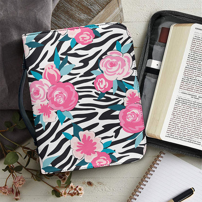 Black White Zebra Floral Pattern Print Leather Bible Cover