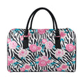 Black White Zebra Floral Pattern Print Leather Duffel Bag