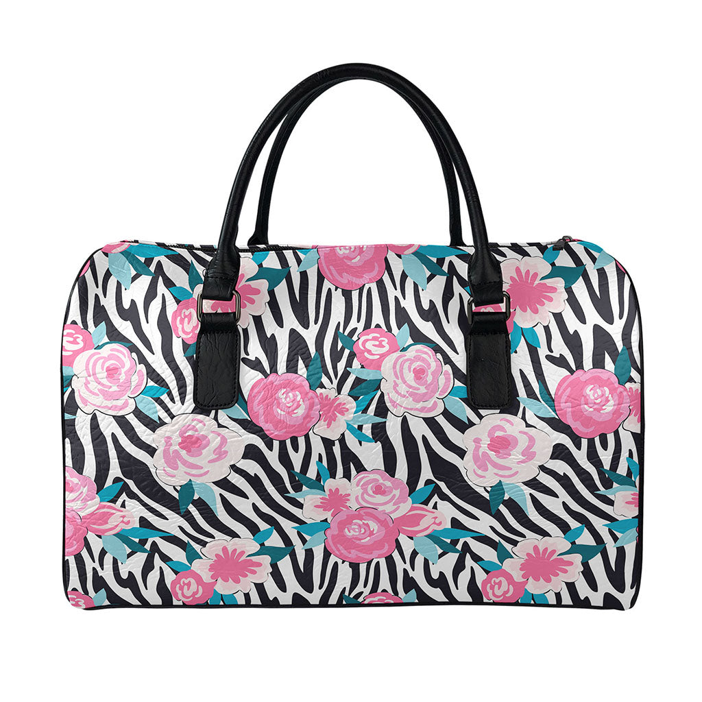 Black White Zebra Floral Pattern Print Leather Duffle Bag